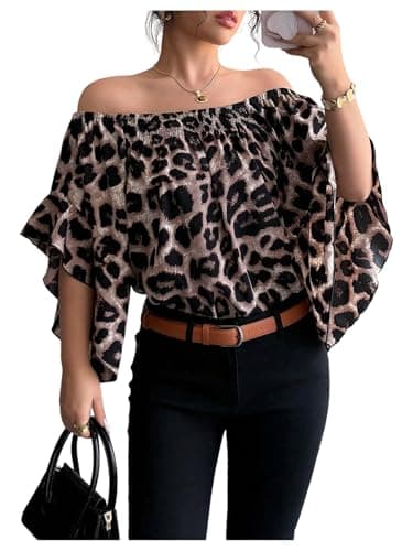 Image of GORGLITTER Women's Leopard Print Off Shoulder Blouses Ruffle 3/4 Sleeve Smocked Loose Elegant Going Out Shirts Brown Large