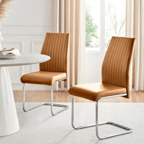 Image of Furniturebox UK Dining Chairs - Lorenzo - 2x Tan Brown Faux Leather Upholstered Dining Chairs Silver Chrome Metal Legs - Cantilever Leg - Vertical Stitching - Modern Kitchen Furniture