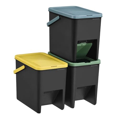 Image of SONGMICS Recycling Bins for Kitchen, Set of 3 Stackable Trash Bins, 20 L Each, Waste Separation System, Press-to-Open Lids, with Stickers, Storage Bins, Yellow, Blue, and Green LTB763BZ01