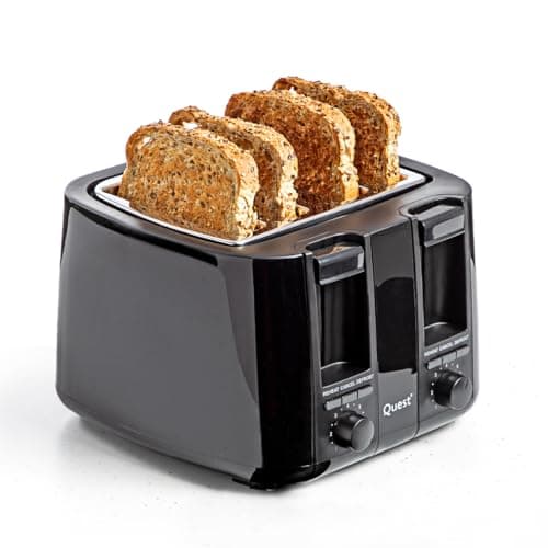 Image of Quest 4 Slice Black Toaster with Extra Wide Slots / 7 Browning Levels/Reheat & Defrost/Crumb Tray & Cord Storage/Bagels, Bread, Crumpets