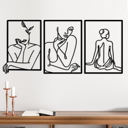 Image of Fentar 3pcs Metal Wall Art, Modern Black Bedroom Wall Art, Abstract Female Silhouette Wire Metal Artwork for Walls, Waterproof Minimalist Walls Arts Decor for Living Room Bedroom Hallway and Stairs