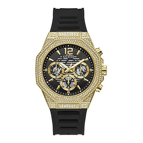 Image of Guess US Men's Multi-Function Silicone Gold/Black Watch, Black/White, Momentum