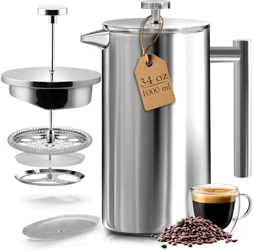 Image of KICHLY French Press Coffee Maker, 1 Litre (8 Cups) Double Wall Stainless Steel Cafetiere, Silver – Insulated Coffee Press (Pack of 1)
