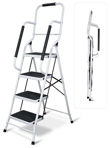 Image of Aidapt 4 Stepladder with Dual Handrails, Folding, Space Saver, Extra Wide Rubber Treads, Non-Slip Rubber Feet, Durable Steel, for Home DIY, Gardening, Workplace, Kitchen Step Stool,