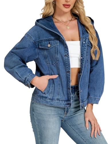 Image of Kedera Women's Oversized Hooded Jean Jacket Long Sleeve Button Down Shirts Coat Fall Winter Boyfriend Outfit, Dark Blue, L