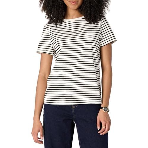 Image of Amazon Essentials Women's Regular Fit 100% Cotton Crewneck Short Sleeve T-Shirt, Eggshell White Black French Stripes, XXS