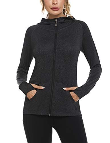 Image of Woman Plain Zip Up Hoodie Top Ladies Long Sleeve Sport Workout Hooded Jacket Sweatshirt Coat Hoody Jacket with Pockets and Thumb Holes Black