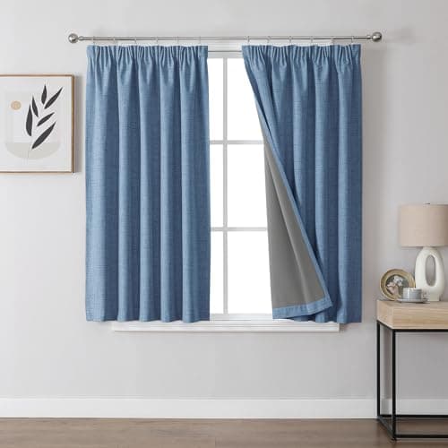 Image of Joydeco 100% Blackout Curtains Bedroom 46 x 54 Inch Drop, Faux Linen Pencil Pleat Thermal Insulated Drapes with Coating Back Layers for Room Darkening Privacy Protection, 2 Panels, Light Blue