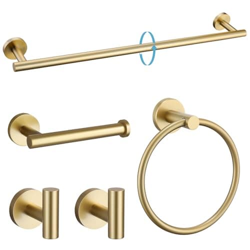 Image of TURS Towel Bars Bathroom Accessories Set-5 Pieces Stainless Steel Toilet Roll Holder, 24"Bath Towel Bar+Toilet Paper Holder+Towel Robe Hooks Gold Toilet Roll Holder Bathroom Accessories Kit