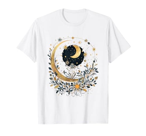 Image of Mystical Sun and Moon with Woman Mystical Flowers Aesthetic T-Shirt