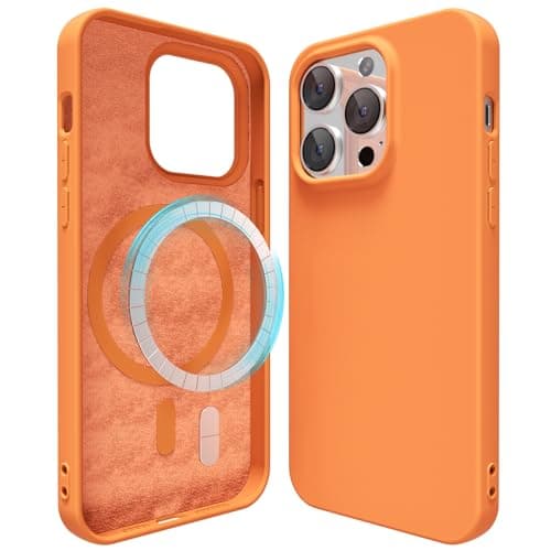 Image of oakxco Silicone Case for iPhone 14 Pro Compatible with Magsafe Magnetic Wireless Charging, Slim Thin Soft Rubber Gel with Magnet, Matte TPU Mag Cover for Women Men, Orange