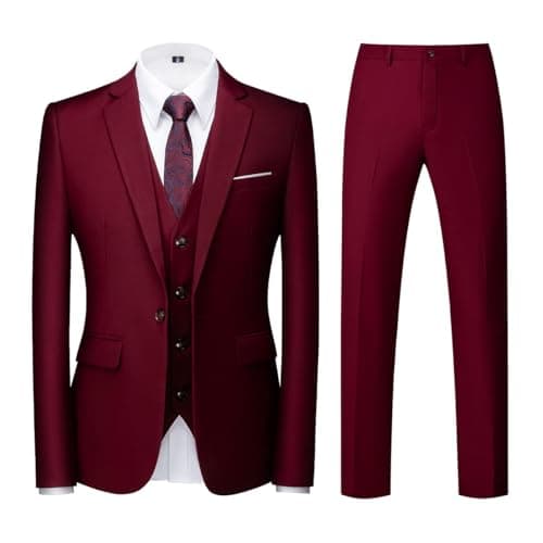 Image of Men Suits 3 Piece Slim Fit Single Breasted One Button Burgundy Tuxedo Suit Blazer Waistcoat Trousers Set(Burgundy,X-Larger)