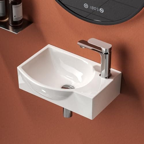 Image of EMKE Wall Mounted Cloakroom Basin Small Corner Sink Half Circle Washbasin Ceramic Bathroom Vessel Sink White Bathroom Sink 40,5 x 28 x 14 cm (LxWxH)
