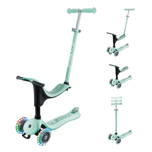 Image of Globber Go Up Sporty Lights Kids Scooter Toddler Ride On - Removable Seat - 2 Year Warranty (Mint Green)