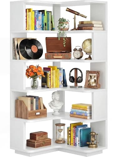 Image of iSunirm 5-Tier Corner Bookshelf, L-Shaped Bookcase, Space-Saving Freestanding Corner Display Shelf Unit for Living Room & Bedroom, 162x60x60cm, White