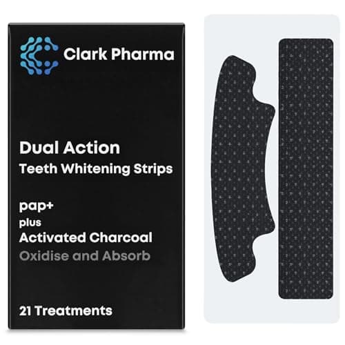Image of Dual Action Teeth Whitening Strips 21 Treatments | Non-Peroxide Formula (Pap+) Plus Activated Charcoal | 21 Upper Teeth Strips + 21 Lower Teeth Strips | Non-Sensitive Tooth Whitener Stain Remover Kit