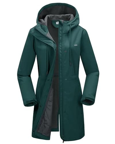 Image of 33,000ft Women’s Softshell Jacket with Hood Waterproof Ladies Functional Jacket Fleece Lined Windbreaker Breathable Raincoat Hooded Long Coats for Cycling Hiking Outdoor Dark Green 2XL