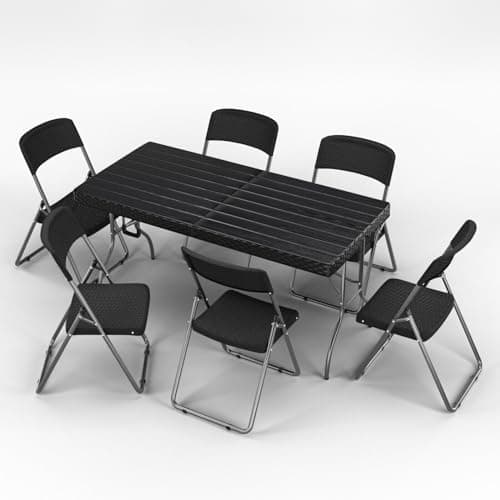 Image of URBN GARDEN 5FT Black Rattan Wood Look Folding Table with Folding Chairs Set Indoor and Outdoor Portable Dining Furniture for Home, Garden, Patio, and Events