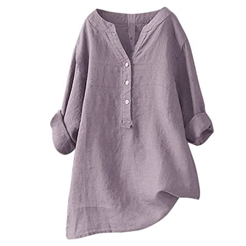 Image of Linen 2026 Tops for Women Rolled Sleeve High Low Spring Crinkle Gauze Shirts Embroidered Summer Loose Fit Oversized Clothing 3/4 Sleeve Button Down Cute Trendy Blouses Stand Collar Purple