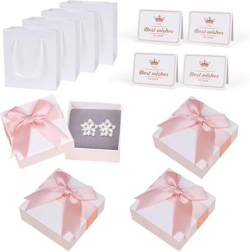 Image of 4Pcs Jewellery Gift Boxes With Lids, 7x7x3.5cm Small Gift Boxes with Cards and Bow-Knot, for Bracelet Ring Necklace Earring for Valentine's Day Birthday Christmas Presents