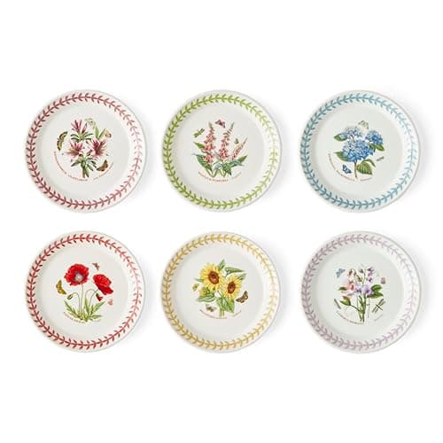 Image of Portmerion Botanic Garden Meadow - 6" Round Bread Plate (Set of 6) | Assorted Florals with Colorful Laurel Leaf Border| Earthenware | Microwave & Dishwasher Safe | Home & Restaurant for Daily Use