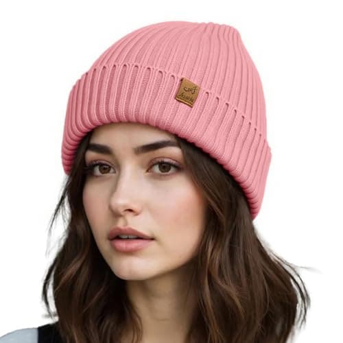 Image of ACUSHLA Waterproof Windproof Cuff Beanie Winter Hat Stretchy Soft Cuffed Wooly Beanie with Thermal Thick Fleece Lining, Gifts for Men/Women/Her/Him (Pink)