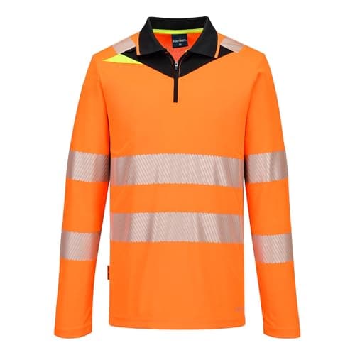 Image of Portwest DX419 DX4 Hi Vis Zip Polo Shirt Long Sleeve Work Top Moisture Wicking Polyester Fabric Segmented Reflective Tape Contrast Collar Slim Fit UPF 40 Protection, Orange/Black, XL