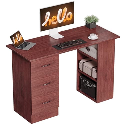 Image of HOMCOM Computer Desk with Drawers, Home Office Desk, Writing Table, PC Workstation with 3 Storage Shelves for Working, Study, 120 x 49 x 72 cm, Walnut Brown