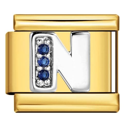 Image of Mon & Sons N Crystal 18k Gold Letter Initial Name Tag Alphabet Personalised Birthday Silver Italian 9mm Link Stainless Steel Bracelet Charm Compatible With 9mm Link