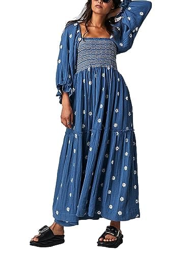 Image of Acrawnni Women's Flower Embroidered Maxi Dress Long Puff Sleeve Square Neck Smocked Tiered Bohemian Flowy Dress Beach Long Dress (A-Dark Blue, M)