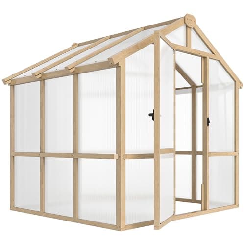 Image of Outsunny 6.6 x 6ft Polycarbonate Greenhouse, Walk-in Wooden Greenhouse with Lockable Door and Window, Garden Plants Grow House, Brown
