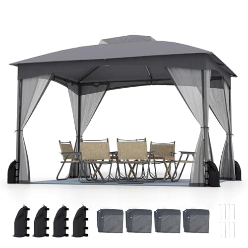Image of COSTWAY 3m x 3m/3.6m x 3m Garden Gazebo, Double Roof Patio Pavilion Tent with Netting Sidewalls and 4 Sandbags, Heavy Duty Waterproof Marquee Canopy Shelter (Gray, 365 x 300 x 286 cm)