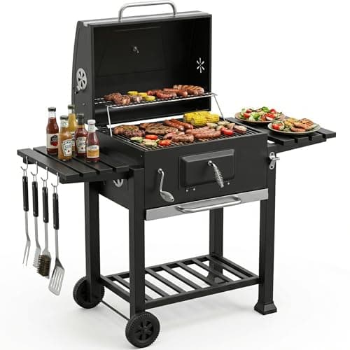 Image of Barbecue Grill, Outdoor XXL Portable Charcoal BBQ Smoker with 2 Foldable Side Tables, Built-in Thermometer, Adjustable Charcoal Pan, Wheels, Warming Rack for Outdoor Home Garden Party Patio Cooking