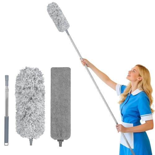 Image of Fogray 2-in-1 Extendable Feather Duster & Gap Cleaning Tool Set Telescopic, Washable Microfiber Head with Soft Silicone Cap & Bendable Flat Crevice Duster for High Ceiling and Under Furniture Cobweb