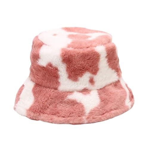 Image of Michear Fluffy Buckets Hats Women Winter Hats for Women Warm Fluffy Hat Fisherman Cap Leopard Cow Printed Faux Fur Bucket Hat Cozy Ladies Winter Hats Women Accessories (UK, Alpha, One Size, Pink-Cow)