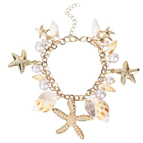 Image of Mikovivi Gold-Tone Shell Starfish Bracelet, Women Summer Beach Bracelet Pearl Sea-Themed Charm Seashell Jewelry for Beach Vacation & Pool Party
