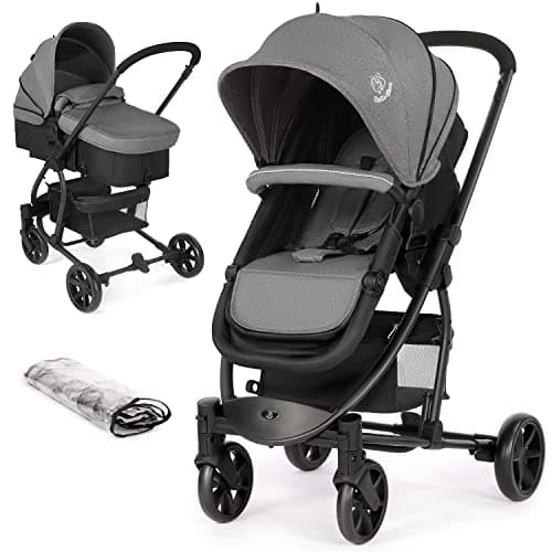 Image of Birtech Pram Pushchair Travel System Stroller Foldable Lightweight with Rain Cover and Footmuff, Carrycot, Convertible to Reversible Seat, Lying Position, Lying Function, from Birth to 3 Years, Grey