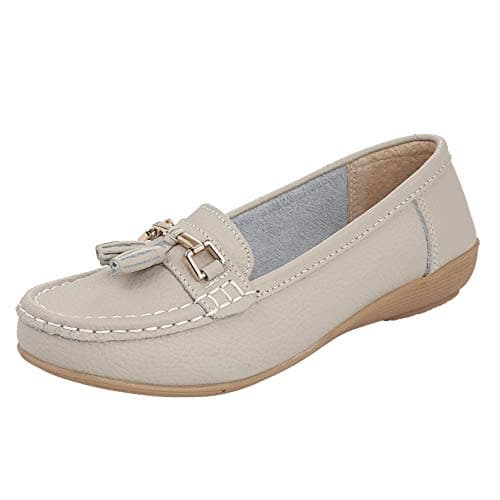 Image of Ladies Nautical Wide FIT Leather Smart Loafer Tassel Moccasin Flat Slip On Comfort Shoe Size 4-8 (Stone, 4)