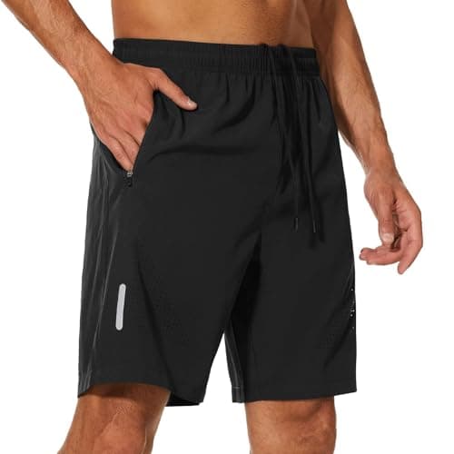 Image of YUTYTH Mens Gym Running Shorts Breathable Quick Dry 7" Gym Athletic Shorts with Zipper Pockets and Reflective Strip Black