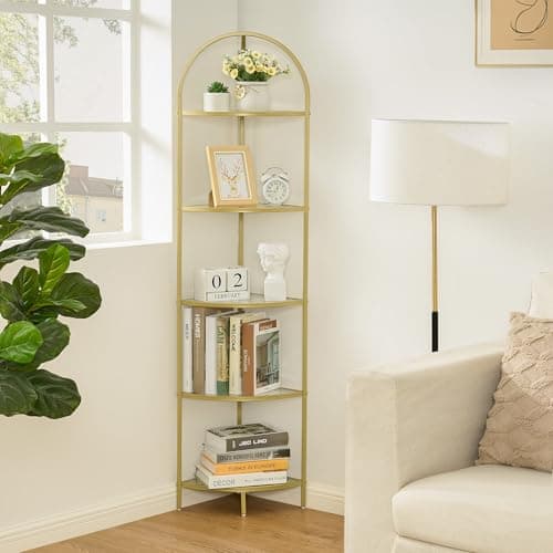 Image of Homhedy 5-Tier Corner Shelf Stand, Metal Corner Bookshelf, Tempered Glass Shelves, Bathroom Storage Rack Shelf, Plant Stand, Modern Style, Golden