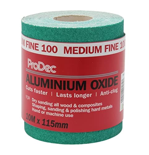 Image of ProDec 10m Roll 100 Grit Medium-Fine Grade Green Aluminium Oxide Abrasive Sanding Paper for Sanding Wood, Paint, Plaster, Filler, Metal and More, 115mm Wide Sandpaper Compatible with Machine Sanders