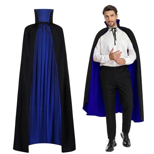 Image of maxToonrain Reversible Black & Blue Cape for Adults, Easter Halloween Christmas Cloak Fancy Dress Vampire Witch Wizard Role Play for World Book Day (90CM,Stand Collar)
