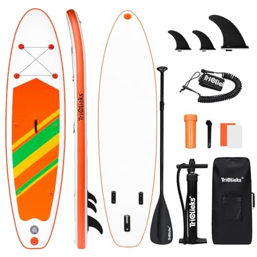 Image of Triclicks 10ft Stand Up Paddle Boards Inflatable SUP Board Surfboard - Beginner's Kit. Adjustable Paddle, Air Pump With Pressure Guage, Fin, Repair Kit, Premium Leash & Rucksack (Style 8)