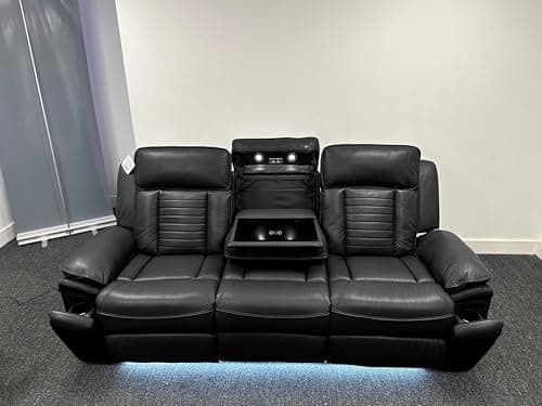 Image of Savilla Leather Electric Recliners Sofa With Cupholders – 3+2 Seater Sofa Set – Electric Recliners – LED Lights – Wireless Charging – USB Charging & USB C Charging (Black, 3 Seater)