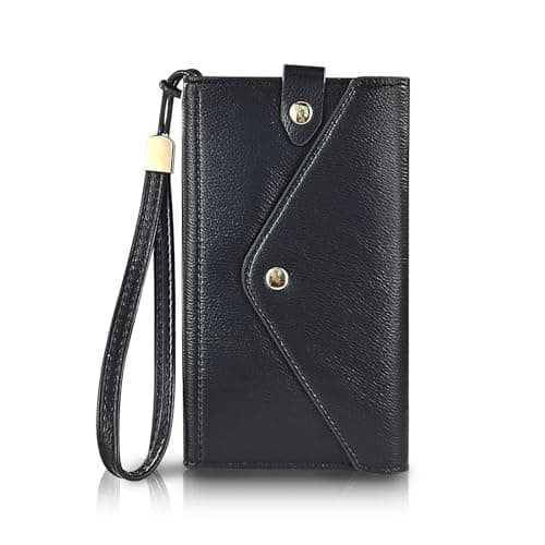 Image of FuninCrea Large Ladies Purse Wristlet Clutch with Wrist Strap for Cell Phone, Envelope-Shaped Women Wallet Cell Phone Purse Faux Leather Wristlet Bag with Card Slots and Zipper Pocket (Black)