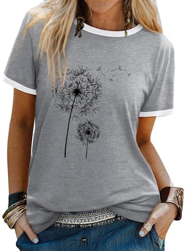 Image of Dresswel Women Dandelion T-Shirt Cute Graphic Print Crew Neck Short Sleeve Summer Tops Basic Tshirts(4-Grey,L)
