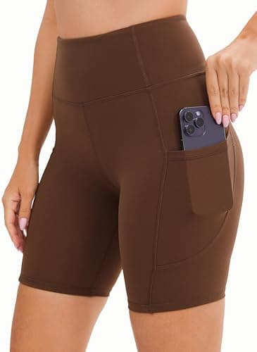 Image of JOYSPELS Cycling Shorts Women with Pockets High Waisted Non See Through Womens Activewear Shorts for Gym Workout Running Yoga Sport Exercise UK Brown M