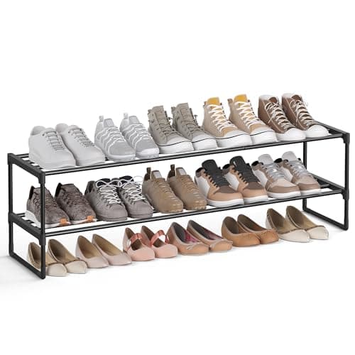Image of SONGMICS 2-Tier Shoe Rack, Shoe Storage Organiser, Metal Storage Rack, Fits 10 to 12 Pairs of Shoes, Stackable Shoe Shelf, for Hallway, Living Room, Bedroom, 30 x 116 x 34 cm, Black LSA032B01