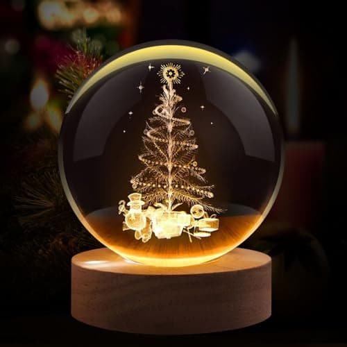 Image of Flexzion 3D Christmas Tree Crystal Ball Night Light - LED Light Hologram Glass Lamp w/Solid Wood Base, USB Powered Crystal Ball Lamp w/Adjustable Brightness for Home Decor Display Gift, 3.15"/80mm