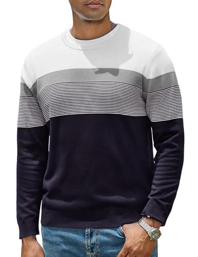 Image of iClosam Men’s Striped Jumper Mens Crew Neck Sweater Long Sleeve Pullover Mens Winter Casual Jumpers Comfortable Cotton Blend Sweatshirts,Navy,M